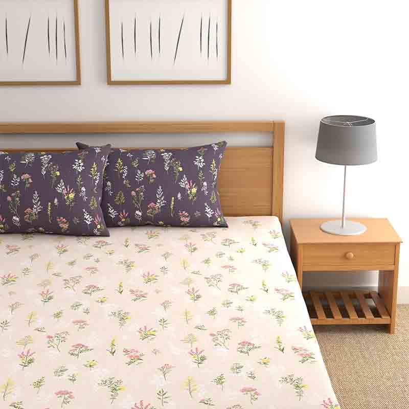 The Bouquets of Joy Bedsheet, a light forest pastel colours in king size cotton bedsheet you can buy online at Sukham Home, a sustainable furniture, gardening and home decor store in Kolkata, India