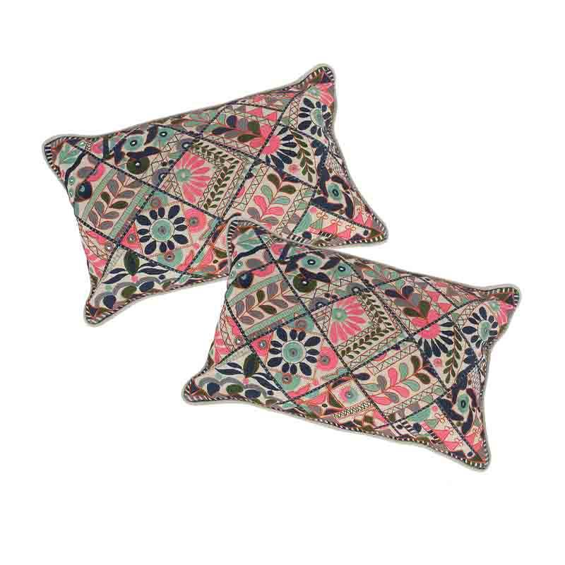 A pair of the Mandala Art Cushion rectangle multi-colour accent pillow against a white background, you can buy online at Sukham Home, a sustainable furniture, kitchen & dining and home decor store in Kolkata, India.