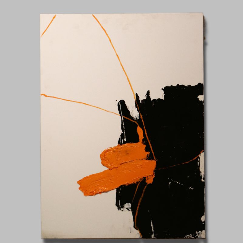 Against a grey background, A Perfect Balance painting, a black, white and orange canvas artwork you can buy online at Sukham Home, a sustainable furniture, kitchen & dining and home decor store in Kolkata, India