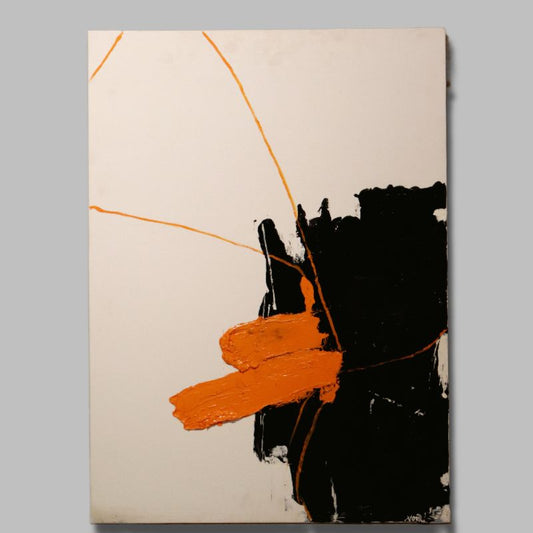 Against a grey background, A Perfect Balance painting, a black, white and orange canvas artwork you can buy online at Sukham Home, a sustainable furniture, kitchen & dining and home decor store in Kolkata, India