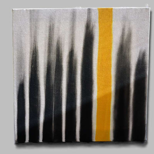 Against a grey background, The Light I Seek painting, a yellow, black and white canvas artwork you can buy online at Sukham Home, a sustainable furniture, kitchen & dining and home decor store in Kolkata, India