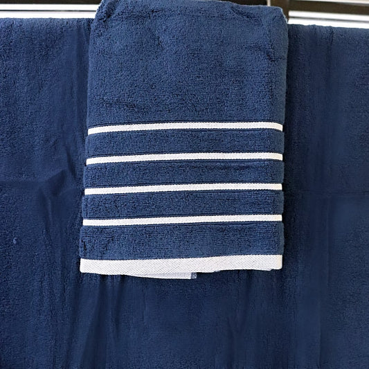 Close up of hand towel of the Blue Oh-So-Soft, a set of 6 navy towels you can buy online at Sukham Home, a sustainable furniture, kitchen & dining and home decor store in Kolkata, India