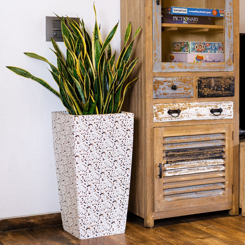 In terrazzo finish, the Cubico, a large square tall textured luxury planter made from FRP you can buy online at Sukham Home, a sustainable furniture, gardening and home decor store in Kolkata, India