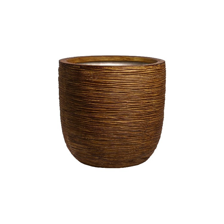 Against a white background, the Dark Brown Dual Tone Wood Rib Short, a round textured luxury planter made from FRP you can buy online at Sukham Home, a sustainable furniture, gardening and home decor store in Kolkata, India