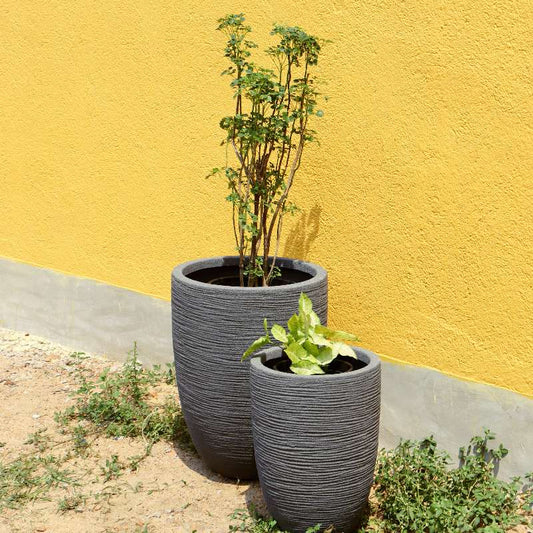 In Grey Stone finish, both sizes of the Rib Elegant, a round tall textured luxury planter made from FRP you can buy online at Sukham Home, a sustainable furniture, gardening and home decor store in Kolkata, India