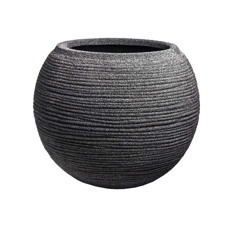 Against a white background, the Grey Stone Rib Bowl, a round textured luxury planter made from FRP you can buy online at Sukham Home, a sustainable furniture, gardening and home decor store in Kolkata, India