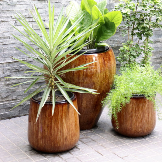 With Rustic Wood Pearl, the Rustic Wood Regal, a large round textured luxury planter made from FRP you can buy online at Sukham Home, a sustainable furniture, gardening and home decor store in Kolkata, India