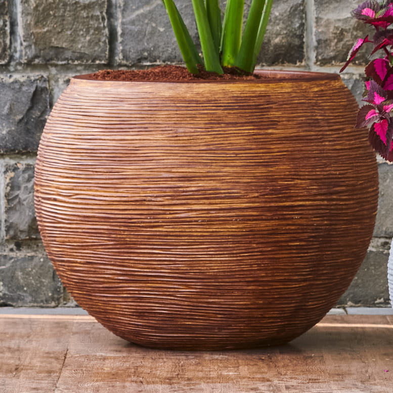 In big size, the Rustic Brown Dual Tone Wood Rib Bowl, a round textured luxury planter made from FRP you can buy online at Sukham Home, a sustainable furniture, gardening and home decor store in Kolkata, India