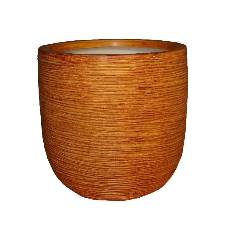 Against a white background, the Rustic Brown Dual Tone Wood Rib Short, a round textured luxury planter made from FRP you can buy online at Sukham Home, a sustainable furniture, gardening and home decor store in Kolkata, India