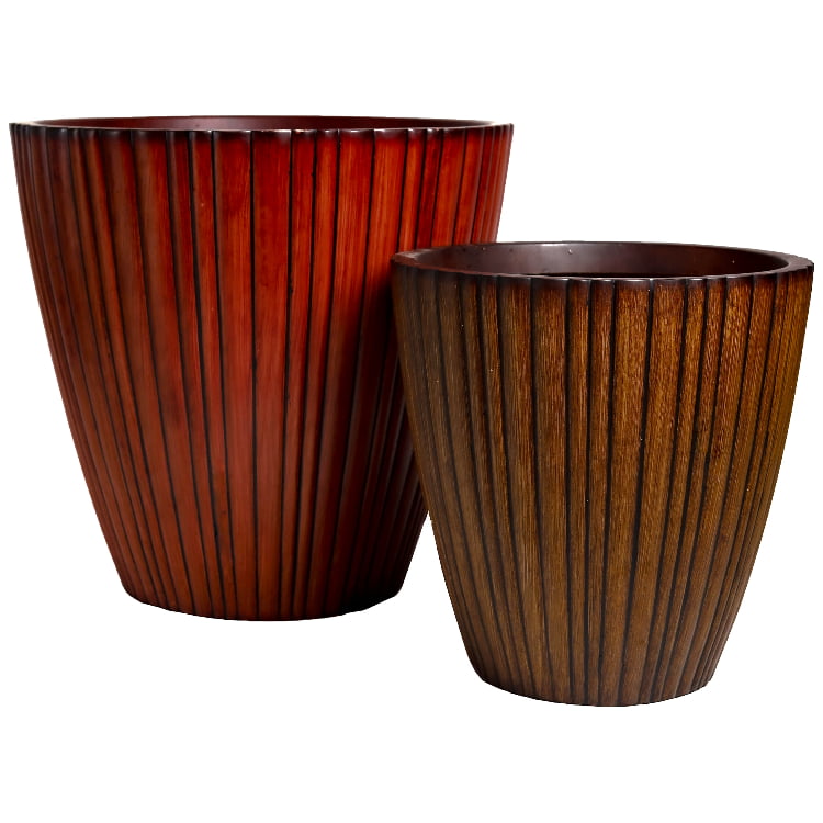 Against a white background, Walnut Wood and Rustic Wood Rib Vertical XL, a wood finish textured luxury planter made from FRP you can buy online at Sukham Home, a sustainable furniture, gardening and home decor store in Kolkata, India