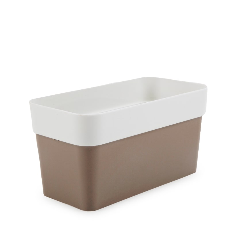 Against a white background, Arty Rectangle, a rectangle white and brown indoor hanging planter made from plastic that you can buy online at Sukham Home, a sustainable furniture, gardening and home decor store in Kolkata, India