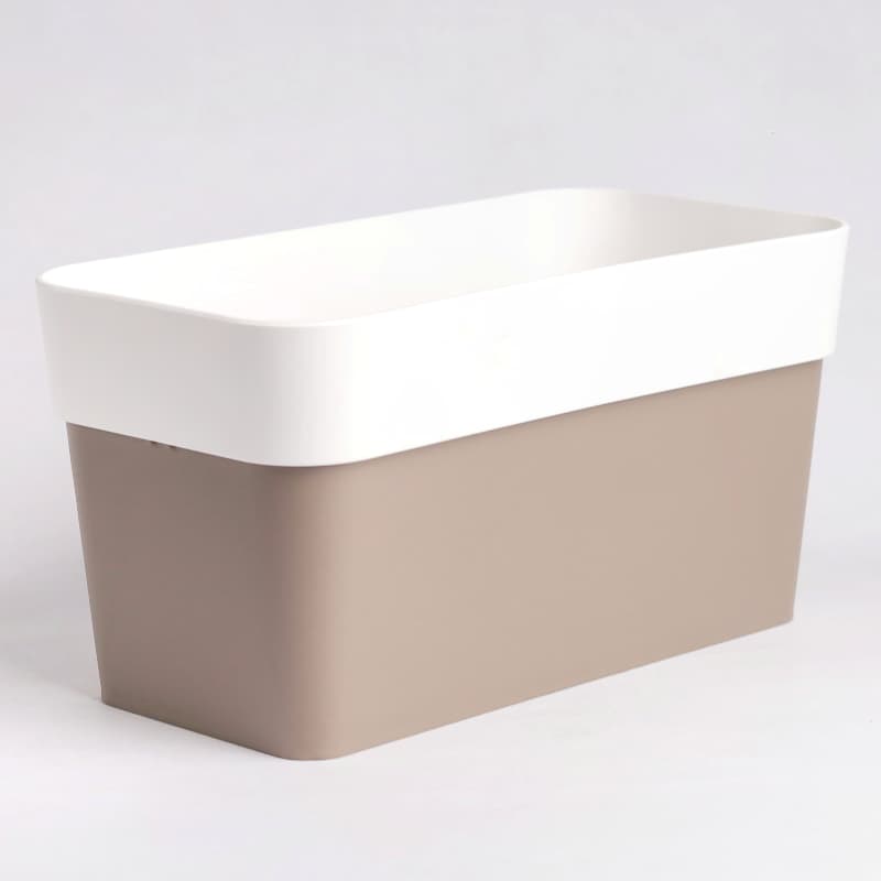Close up of Arty Rectangle, a rectangle white and brown indoor hanging planter made from plastic that you can buy online at Sukham Home, a sustainable furniture, gardening and home decor store in Kolkata, India