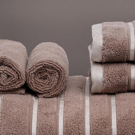 Close up of the design on the Beige Oh-So-Soft, a set of 6 brown towels, you can buy online at Sukham Home, a sustainable furniture, kitchen & dining and home decor store in Kolkata, India