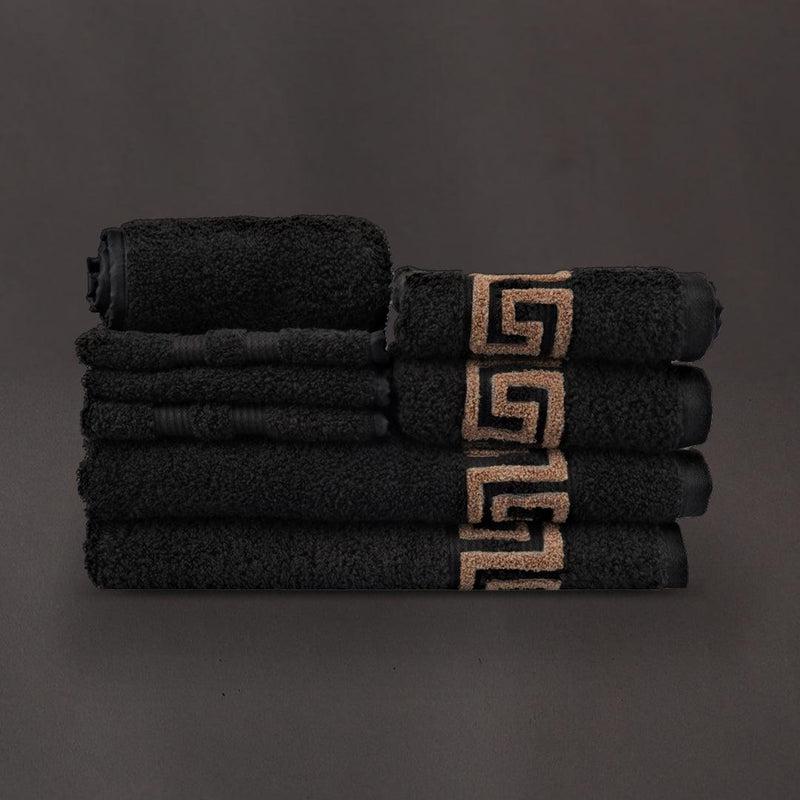 Whole set of the Black Silly-Cuddly, a set of 8 black & gold towels you can buy online at Sukham Home, a sustainable furniture, kitchen & dining and home decor store in Kolkata, India