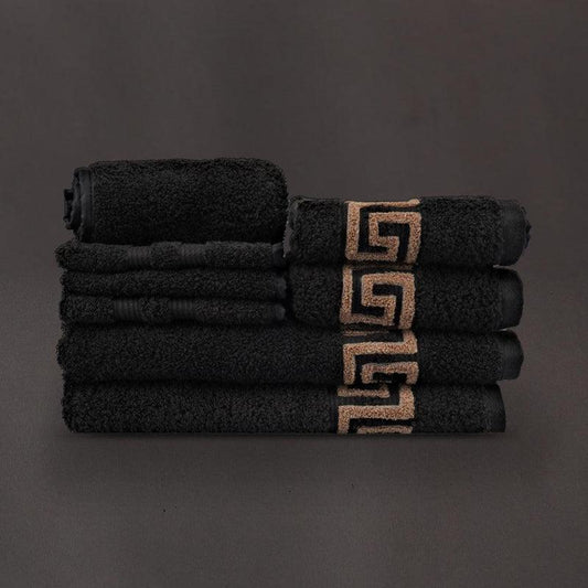 Whole set of the Black Silly-Cuddly, a set of 8 black & gold towels you can buy online at Sukham Home, a sustainable furniture, kitchen & dining and home decor store in Kolkata, India