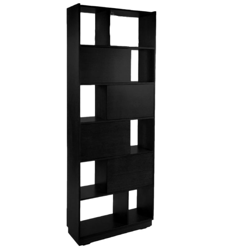 Against a white background, the big Ash Charcoal finish of the Diva Bookcase, a multipurpose wooden storage solution, room partition and cabinet you can buy online at Sukham Home, a sustainable furniture, kitchen & dining and home decor store in Kolkata, India