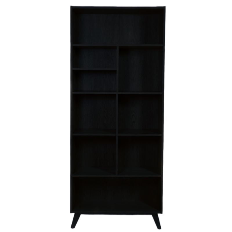 Against a white background, front view of the Ash Charcoal Insignia Bookshelf, a multipurpose wooden open shelf, storage solution and cabinet you can buy online at Sukham Home, a sustainable furniture, kitchen & dining and home decor store in Kolkata, India