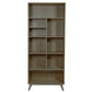 Against a white background, front view of the Ash Grey Insignia Bookshelf, a multipurpose wooden open shelf, storage solution and cabinet you can buy online at Sukham Home, a sustainable furniture, kitchen & dining and home decor store in Kolkata, India