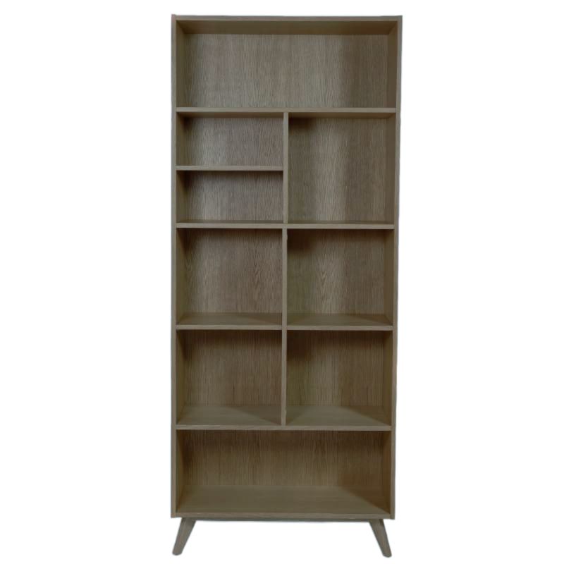 Against a white background, front view of the Ash Grey Insignia Bookshelf, a multipurpose wooden open shelf, storage solution and cabinet you can buy online at Sukham Home, a sustainable furniture, kitchen & dining and home decor store in Kolkata, India