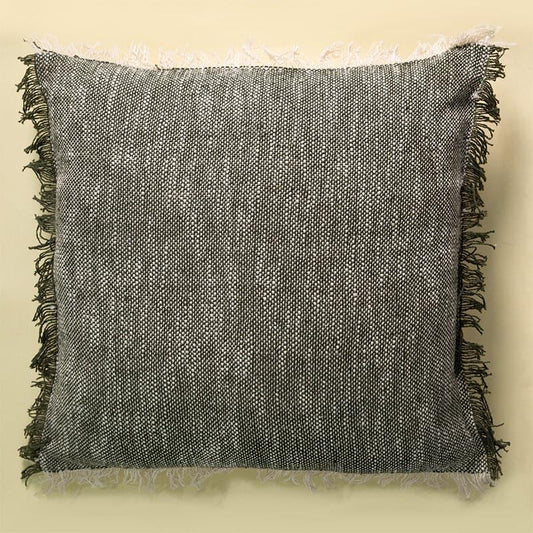 Against a plain background, the Charcoal Textured Cushion, a square black and white accent pillow you can buy online at Sukham Home, a sustainable furniture, kitchen & dining and home decor store in Kolkata, India