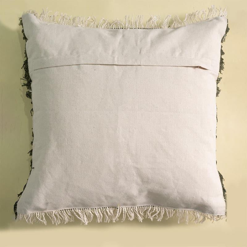 The back of the Charcoal Textured Cushion, a square black and white accent pillow you can buy online at Sukham Home, a sustainable furniture, kitchen & dining and home decor store in Kolkata, India