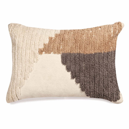 Against a white background the Creme Brulee Cushion, a rectangle accent pillow with soft and sweet course colours you can buy online at Sukham Home, a sustainable furniture, kitchen & dining and home decor store in Kolkata, India.
