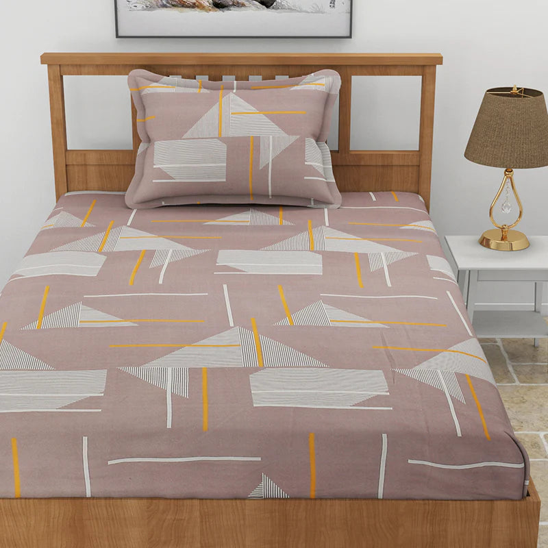 Top view of the Dreaming in Sepia, a printed brown geometric queen size bedsheet you can buy online at Sukham Home, a sustainable furniture, gardening and home decor store in Kolkata, India