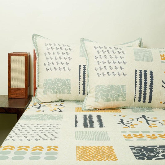 The Glimpses of Heaven Bedsheet, a king size cotton bedsheet you can buy online at Sukham Home, a sustainable furniture, gardening and home decor store in Kolkata, India