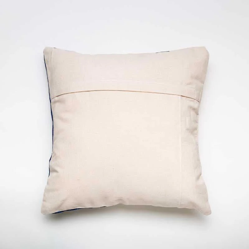 Back of the Inked in Indigo Cushion, a square navy blue and white and brown striped accent pillow you can buy online at Sukham Home, a sustainable furniture, kitchen & dining and home decor store in Kolkata, India