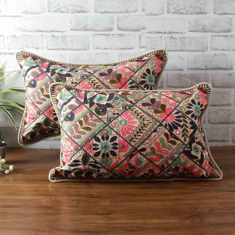 A pair of Mandala Art Cushion rectangle multi-colour accent pillow you can buy online at Sukham Home, a sustainable furniture, kitchen & dining and home decor store in Kolkata, India.