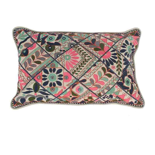 Against a white background, the Mandala Art Cushion rectangle multi-colour accent pillow you can buy online at Sukham Home, a sustainable furniture, kitchen & dining and home decor store in Kolkata, India.