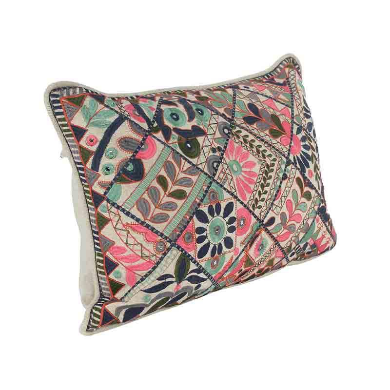 Against a white background the Mandala Art Cushion rectangle multi-colour accent pillow from a side angle, you can buy online at Sukham Home, a sustainable furniture, kitchen & dining and home decor store in Kolkata, India.