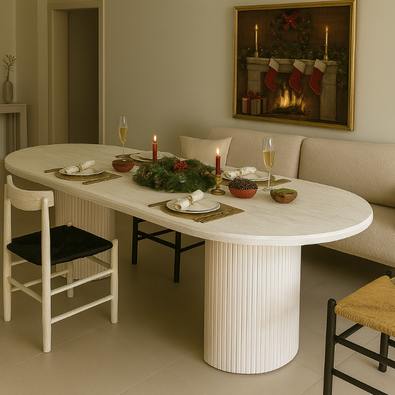 Dining room with a white dining table set for a meal, candles, and a festive painting on the wall.