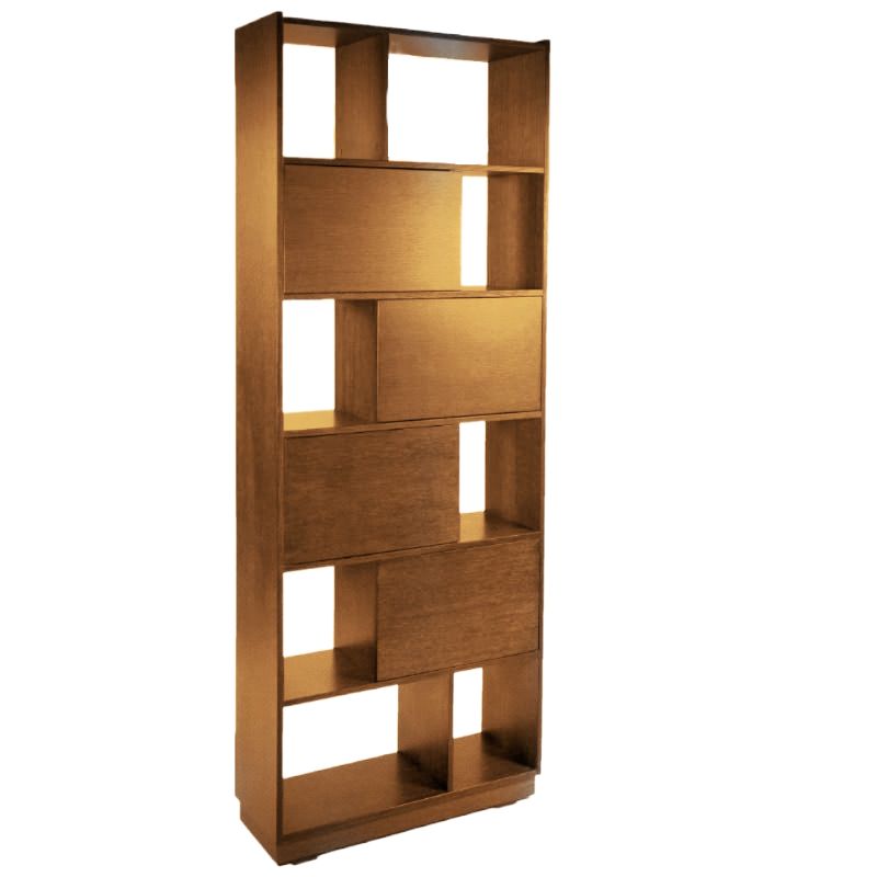 Against a white background, the big Oak Antique finish of the Diva Bookcase, a multipurpose wooden storage solution, room partition and cabinet you can buy online at Sukham Home, a sustainable furniture, kitchen & dining and home decor store in Kolkata, India