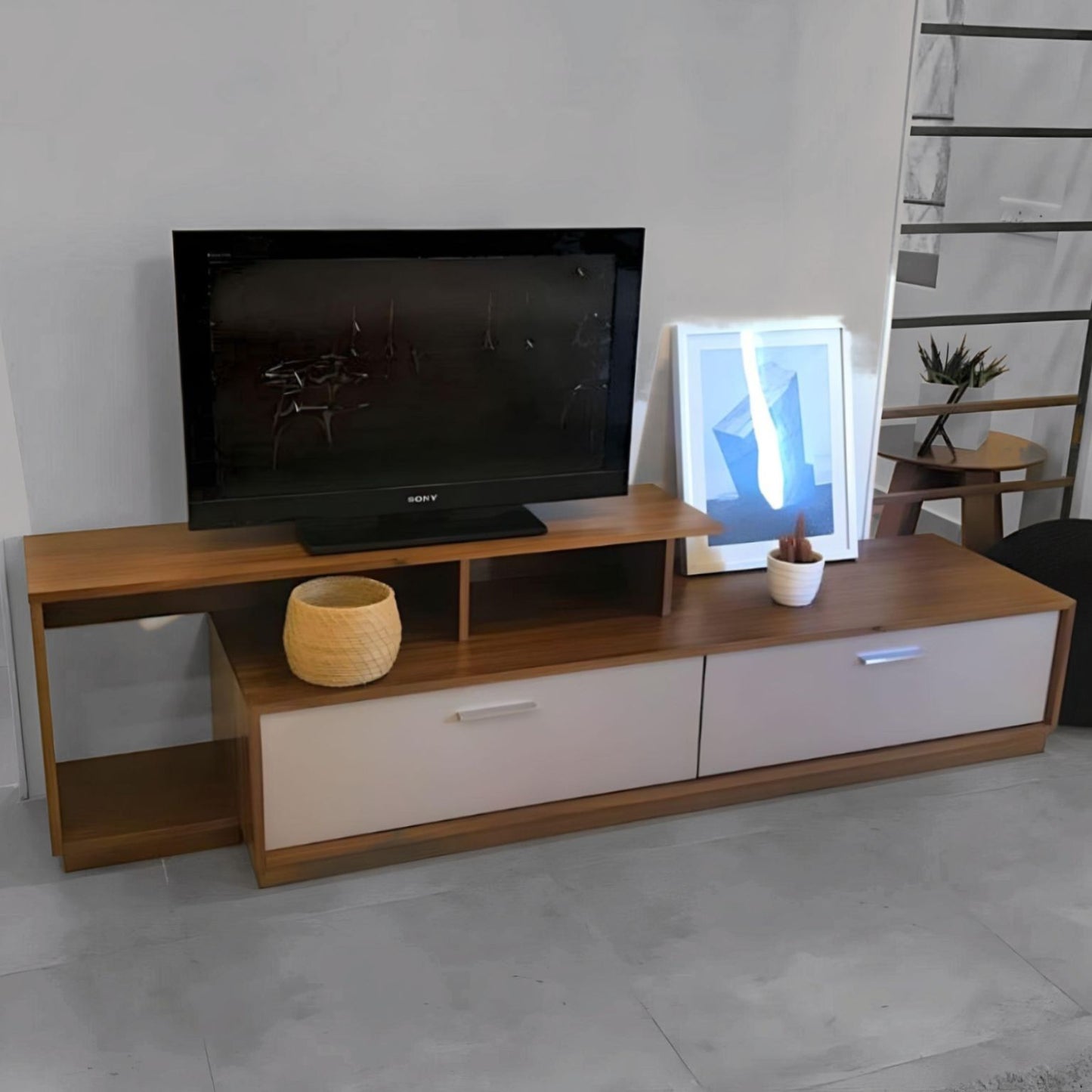 Elements Oak Antique TV Unit and Cabinet, a long wooden television console and cabinet with storage you can buy online at Sukham Home, a sustainable furniture, kitchen & dining and home decor store in Kolkata, India