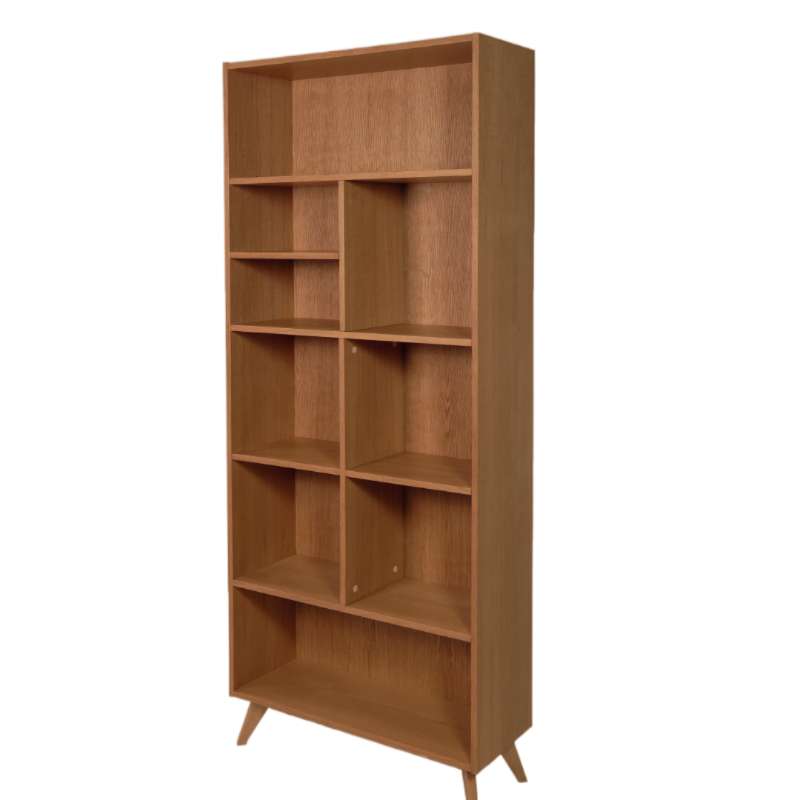 Against a white background, side view of the Oak Antique Insignia Bookshelf, a multipurpose wooden open shelf, storage solution and cabinet you can buy online at Sukham Home, a sustainable furniture, kitchen & dining and home decor store in Kolkata, India