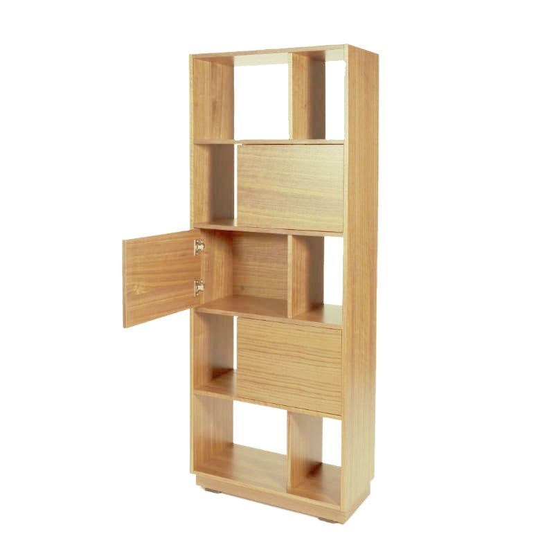 Against a white background, the short Oak Natural finish of the Diva Bookcase, a multipurpose wooden storage solution, room partition and cabinet you can buy online at Sukham Home, a sustainable furniture, kitchen & dining and home decor store in Kolkata, India