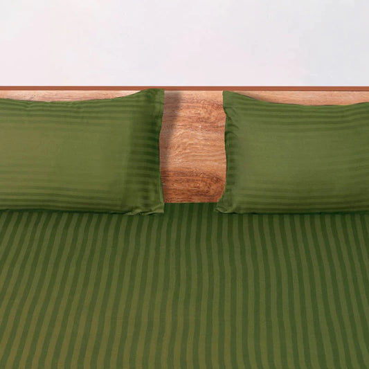 The Olive Streaks Bedsheet, a king size cotton bedsheet you can buy online at Sukham Home, a sustainable furniture, gardening and home decor store in Kolkata, India