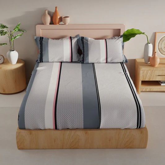 Full view of Shades of Grey, a printed grey king size bedsheet you can buy online at Sukham Home, a sustainable furniture, gardening and home decor store in Kolkata, India