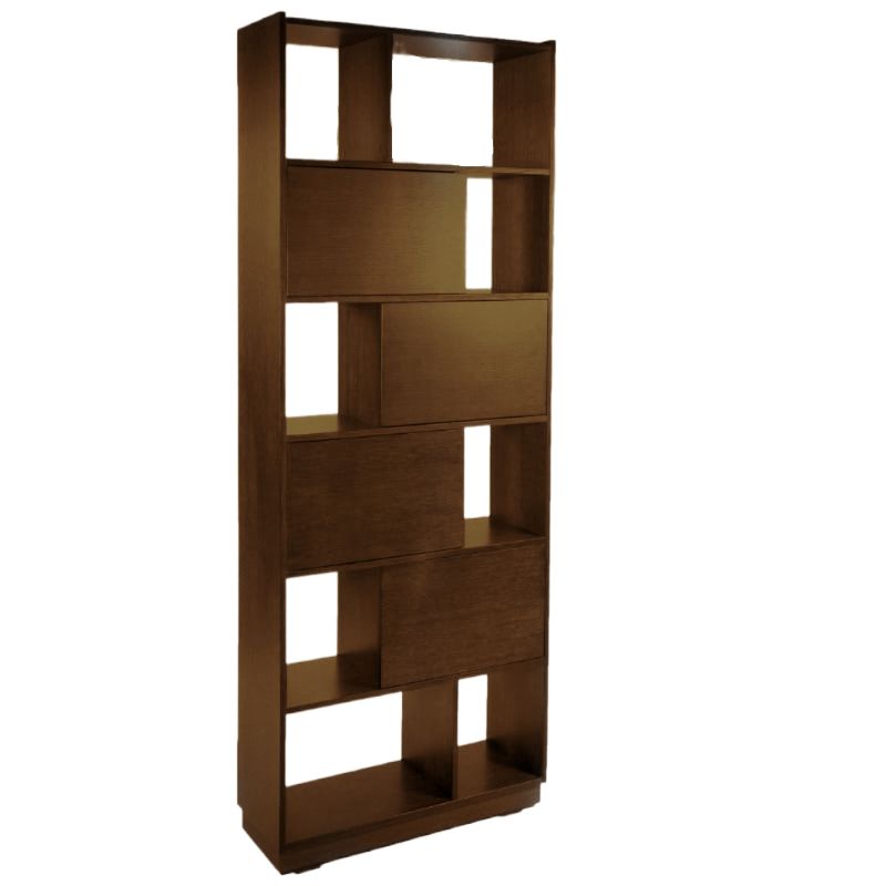 Against a white background, the big Walnut Natural finish of the Diva Bookcase, a multipurpose wooden storage solution, room partition and cabinet you can buy online at Sukham Home, a sustainable furniture, kitchen & dining and home decor store in Kolkata, India