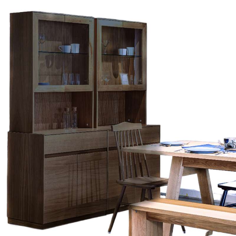 Against a white background, the Walnut Natural Hezza Dining Cabinet, a wooden crockery and storage solution you can buy online at Sukham Home, a sustainable furniture, kitchen & dining and home decor store in Kolkata, India