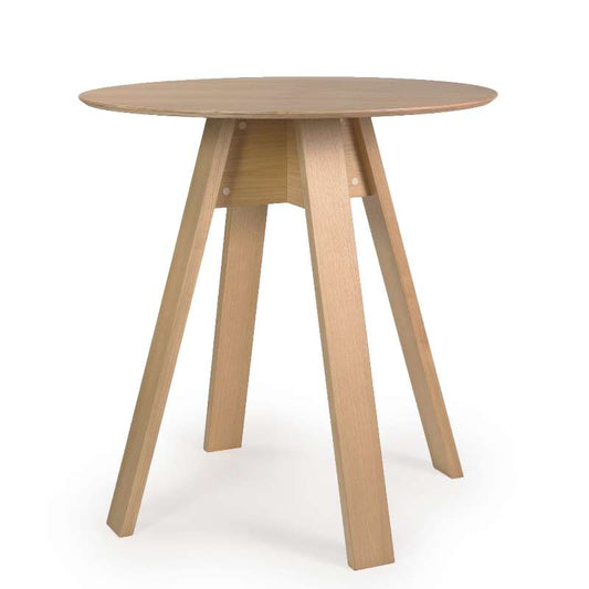 Against a white background, the Alpine, a wooden high round bar table you can buy online at Sukham Home, a sustainable furniture, kitchen & dining and home decor store in Kolkata, India