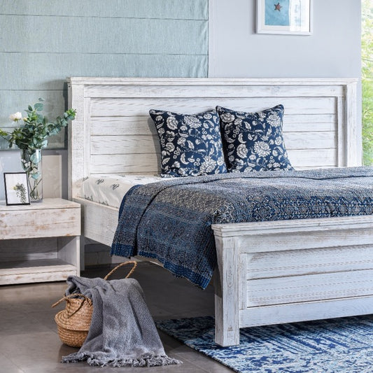 Full view of the Archaic, a wooden white patina bed inspired by harbour and coastal style furniture you can buy online at Sukham Home, a sustainable furniture, kitchen & dining and home decor store in Kolkata, India