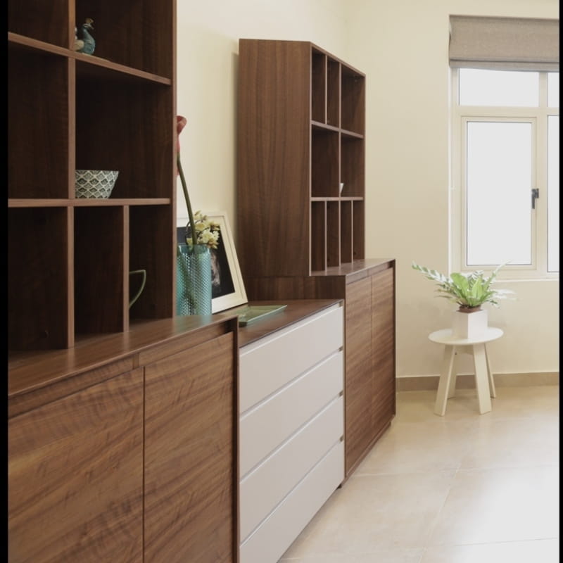 Placed side by side, two Oak Suntan Arry Dining Cabinet, a wooden crockery and storage solution you can buy online at Sukham Home, a sustainable furniture, kitchen & dining and home decor store in Kolkata, India