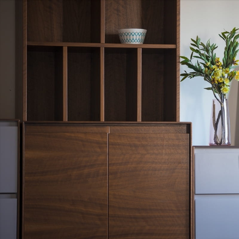 Close of the texture and design of the Arry Dining Cabinet, a wooden crockery and storage solution you can buy online at Sukham Home, a sustainable furniture, kitchen & dining and home decor store in Kolkata, India