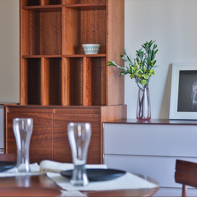 From the side angle, the Walnut Natural Arry Dining Cabinet, a wooden crockery and storage solution you can buy online at Sukham Home, a sustainable furniture, kitchen & dining and home decor store in Kolkata, India