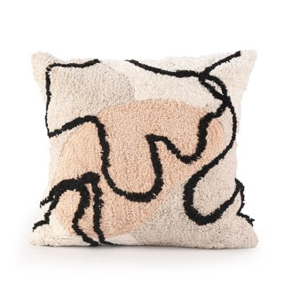 Against a white background, the Art-Inspired Tufted Cushion, a square pink, grey, white and black accent pillow available at Sukham Home, a sustainable furniture, kitchen & dining and home decor store in Kolkata, India