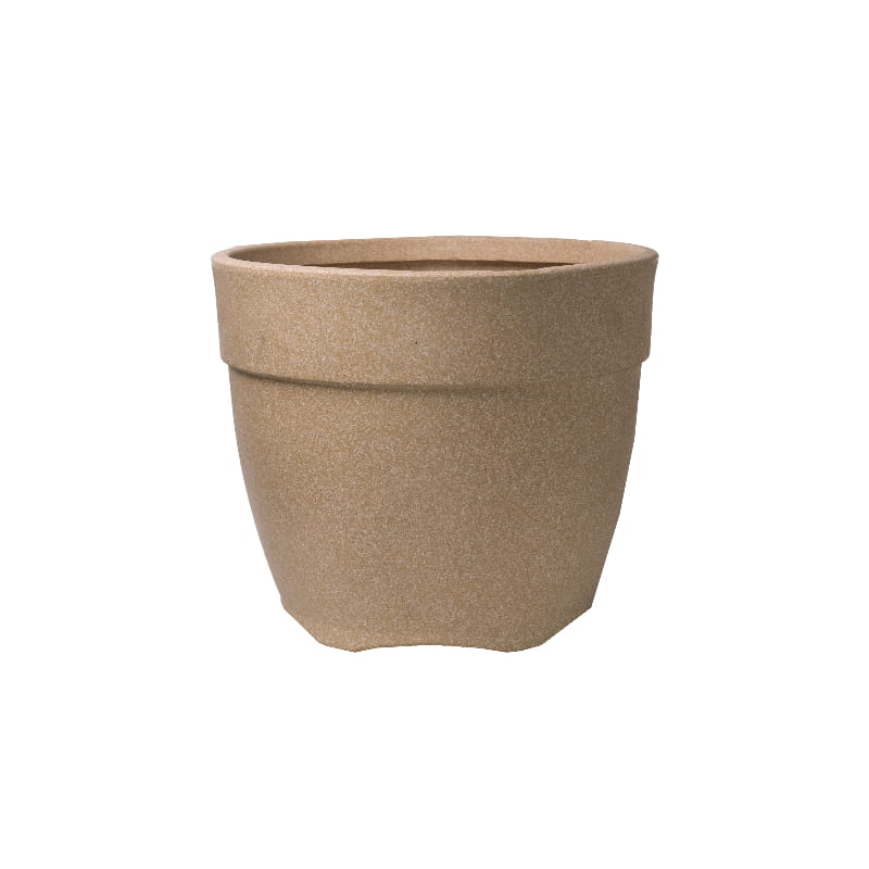 Against a white background, the Cream Stone Barca Round, a circular stone finish plastic planter that looks like granite available at Sukham Home, a sustainable furniture, gardening and home decor store in Kolkata, India