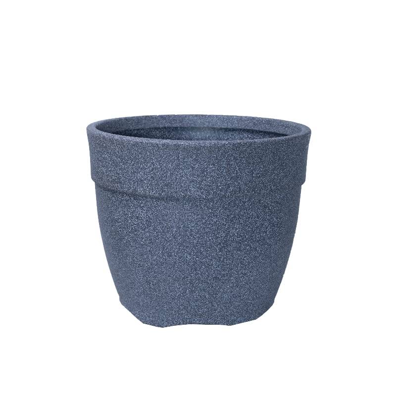 Against a white background, the Grey Stone Barca Round, a circular stone finish plastic planter that looks like granite available at Sukham Home, a sustainable furniture, gardening and home decor store in Kolkata, India