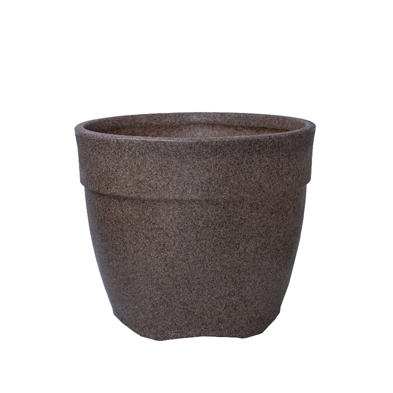 Against a white background, the Sand Stone Barca Round, a circular stone finish plastic planter that looks like granite available at Sukham Home, a sustainable furniture, gardening and home decor store in Kolkata, India